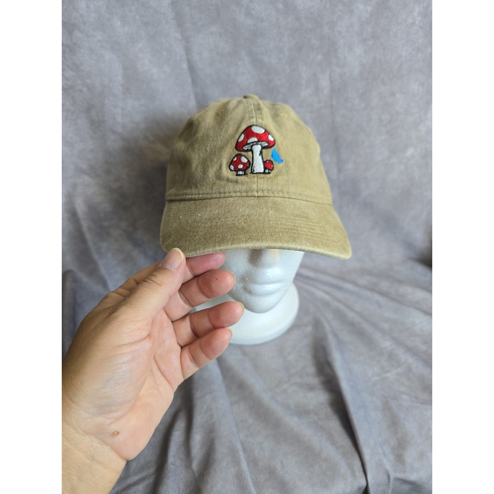 Cottagecore Mushroom Embroidered Dad Hat Khaki Tan Washed Cotton Adjustable Cap